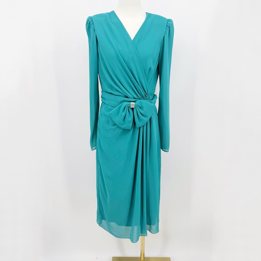 Vintage Miss Elliette 80s Draped Dress Bow Waist Secretary Midi Long Sleeve 10